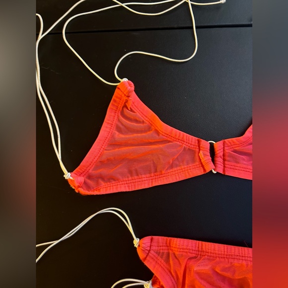 NWOT Sexy Skimpy Neon Orange Mesh Bandeau Triangle Top Thong Bottom Bikini - Picture 2 of 5